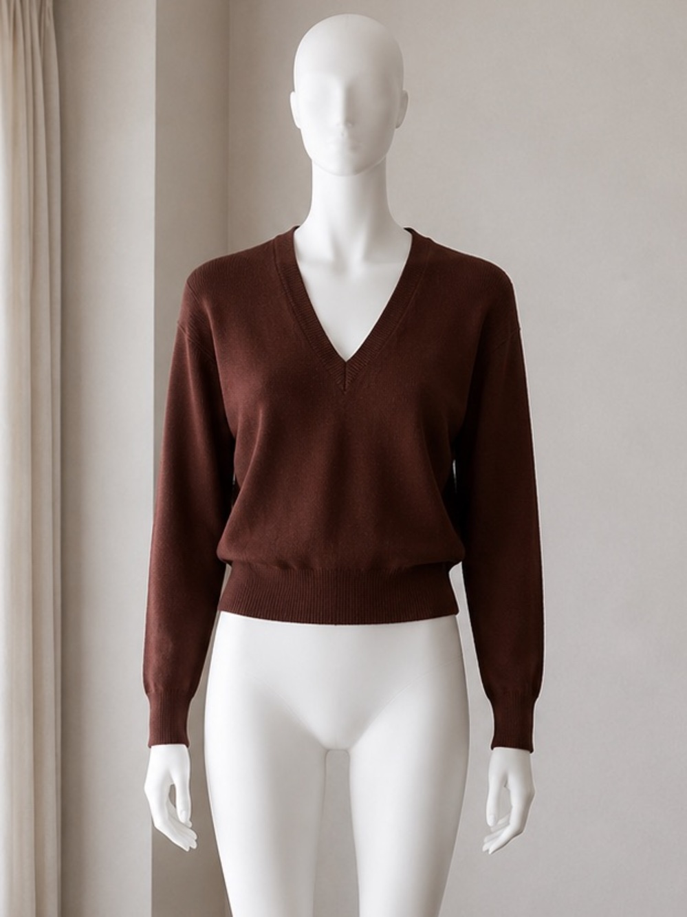 Vintage 70s SEARS Acrylic Women's V‑Neck Pullover Sweater - Brown - Small